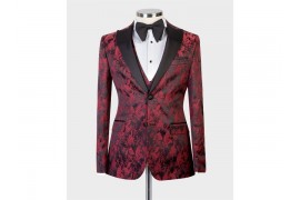 Maserto Slim Fit Kırmızı Smokin Çiçek Desenli