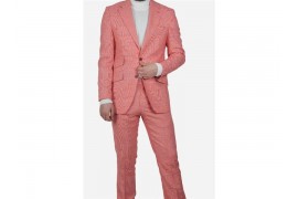 Maserto Slim Fit Pembe Takım Elbise Kare Desenli