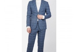 Maserto Slim Fit Mavi Takım Elbise Ekose Desenli