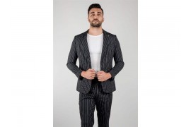 Maserto Slim Fit Siyah Takım Elbise Çizgili Desenli