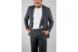 Maserto Slim Fit Gri Takım Elbise Çizgili Desenli