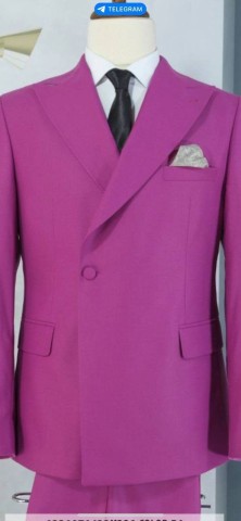 Maserto Erkek Slim Fit Kruvaze Pembe Takım Elbise Düz Desenli